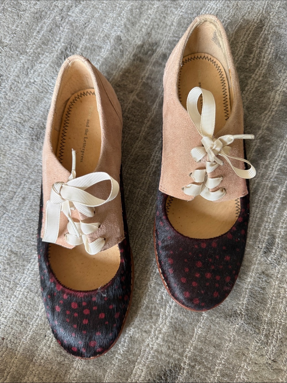 Pilcro and the Letterpress Two-Tone Pink Suede and Black Polka Dot Lace-Up Flats